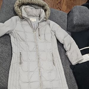 Michael Kors Light Gray Puffer Coat with Faux Fur Hood